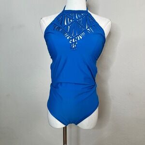 MIKOH Blue Macrame Halter One Piece Swimsuit Open Back Moorea Size Large NEW‎